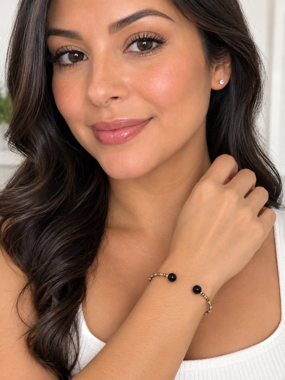 14K Yellow Gold Bead Split Cuff Bracelet with Onyx Beads